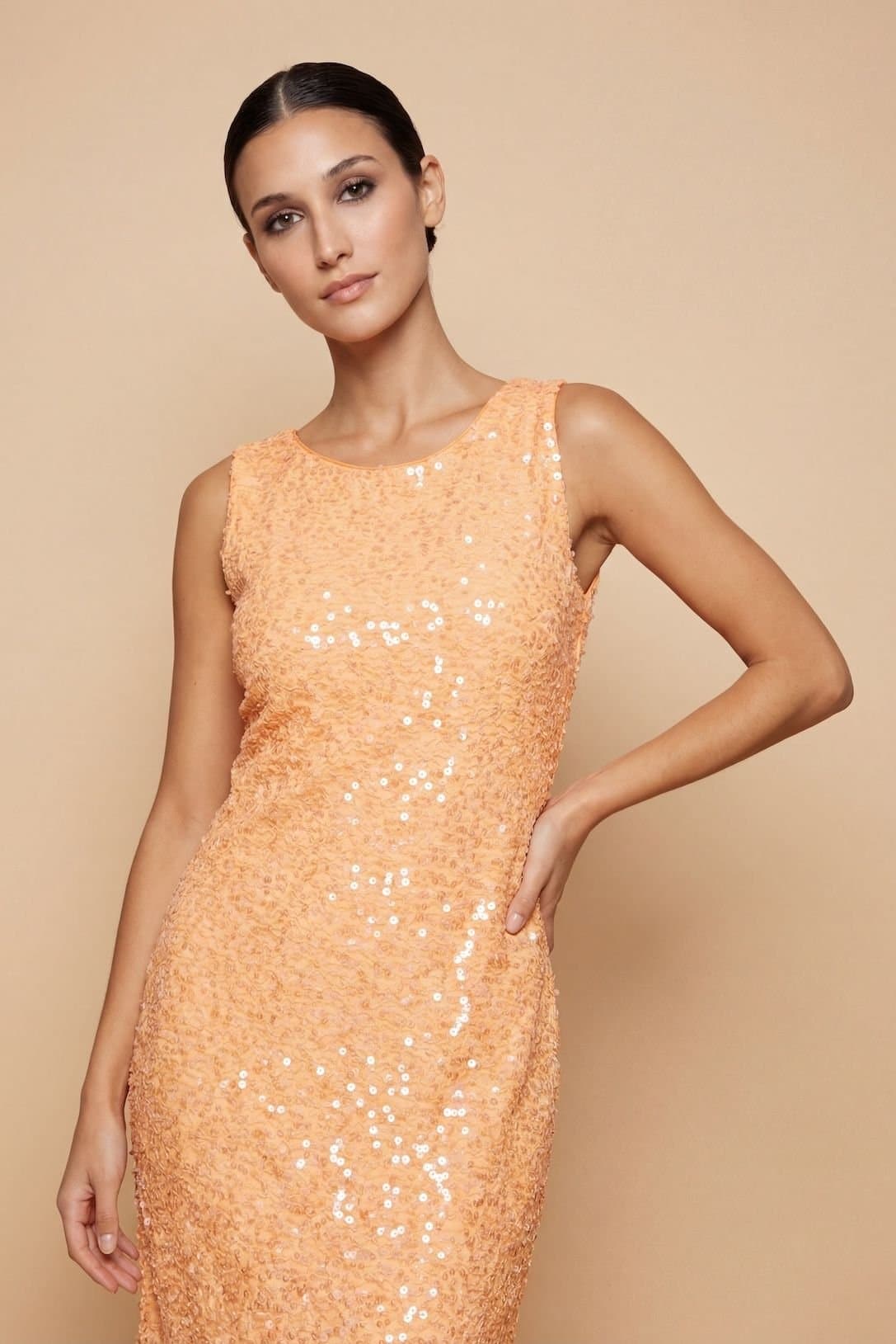 Little Mistress Little Mistress Women's Orange Sequin Waffle Midaxi Dress