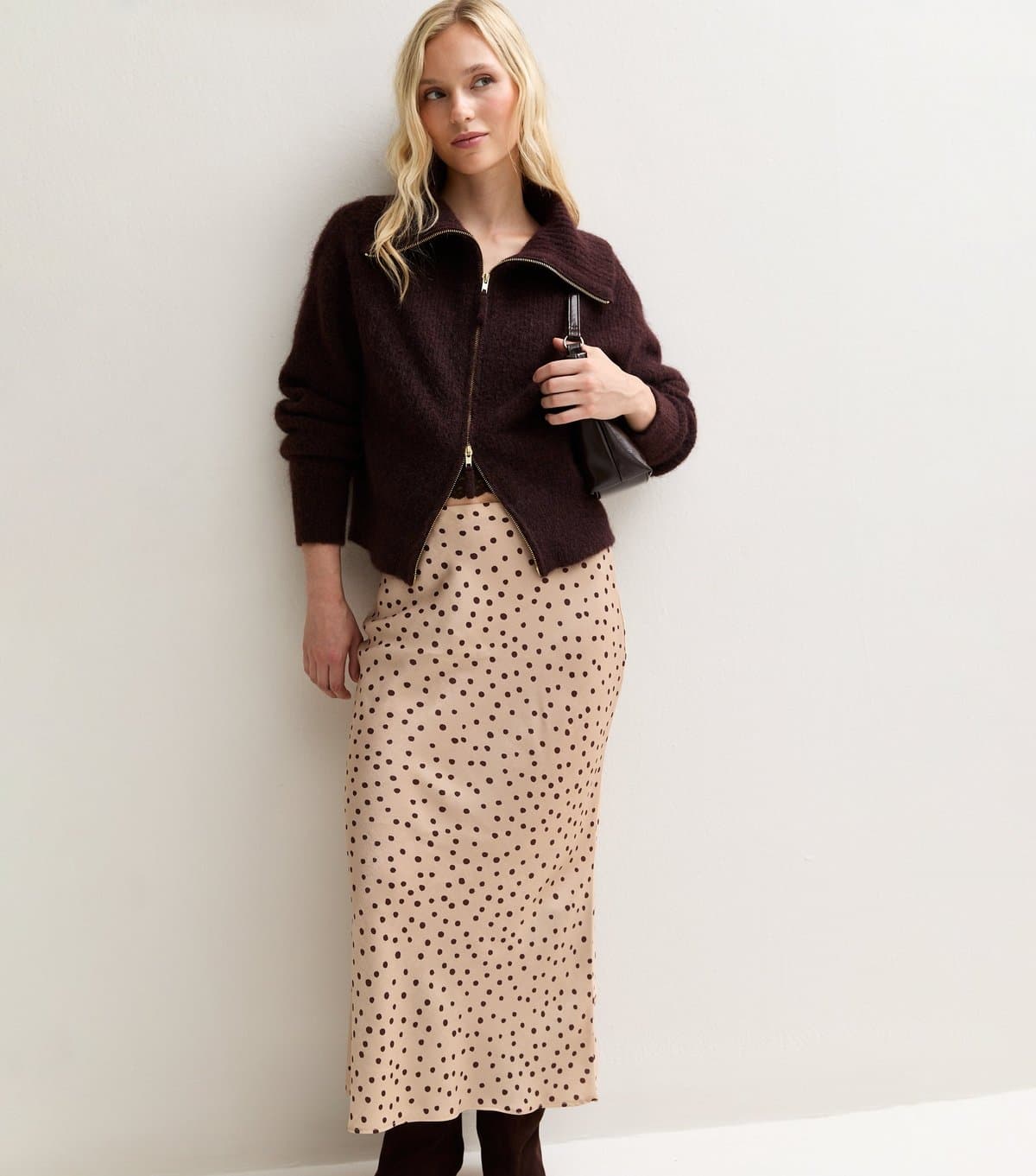 New Look Women's Petite Brown Spot Pattern Midi Skirt New Look