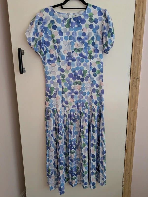 Never Fully Dressed Never Fully Dressed watercolor pleated drop-waist midi dress, size UK 10