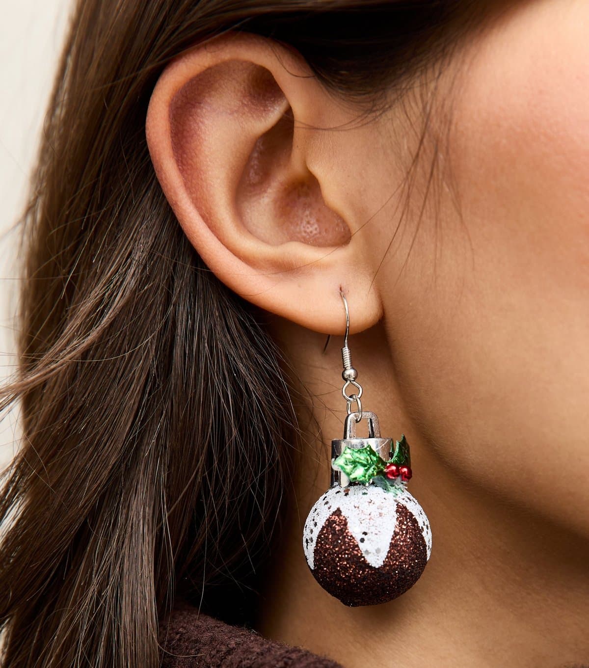 New Look New Look Silver Tone Christmas Pudding Drop Earrings