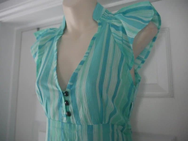 Carbon Carbon Dress Ladies Size 8 Turquoise Green Stripe Cotton Summer Holiday TeaDress