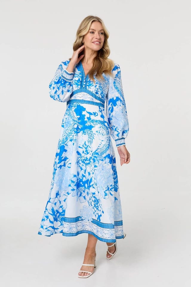 Izabel London Izabel London Women's Floral Long Sleeve A-Line Maxi Dress in Blue - 2