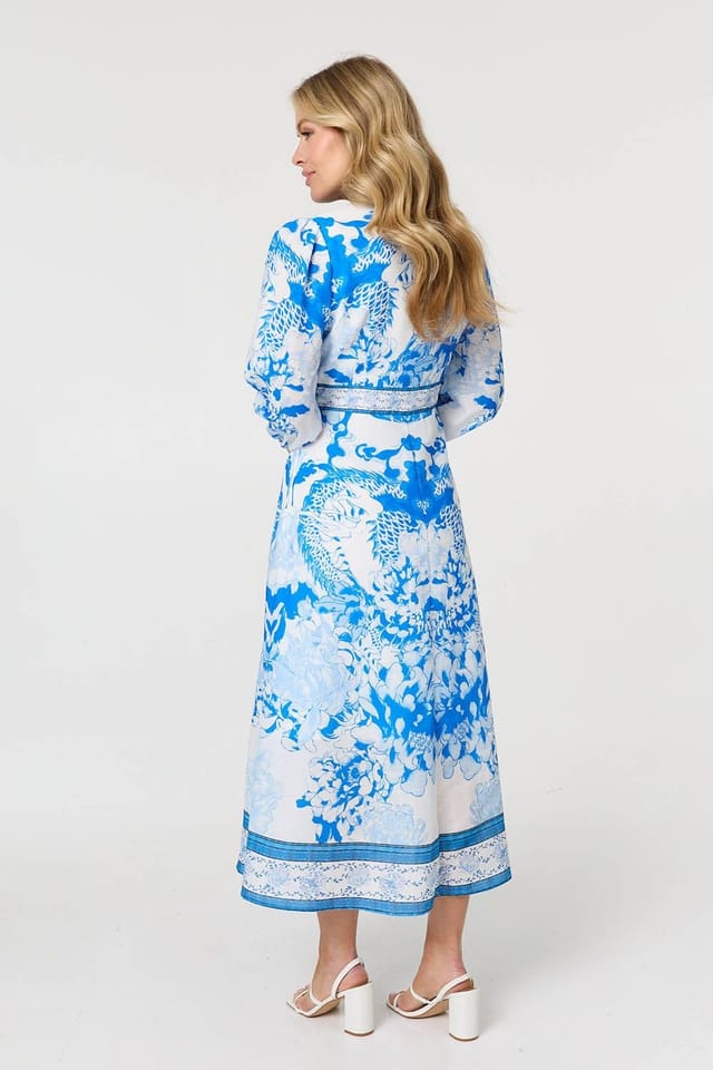 Izabel London Izabel London Women's Floral Long Sleeve A-Line Maxi Dress in Blue - 3