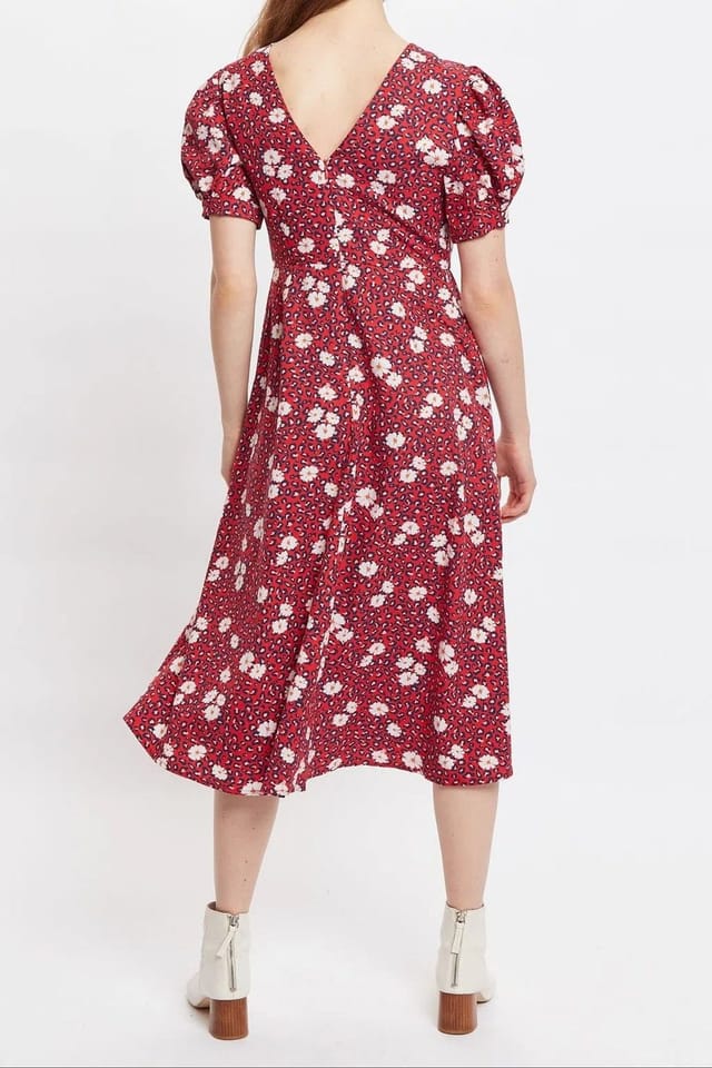 Louche Louche Women's Stasia Roaring Daisy Print V Back Puff Sleeve Midi Dress Red - 3