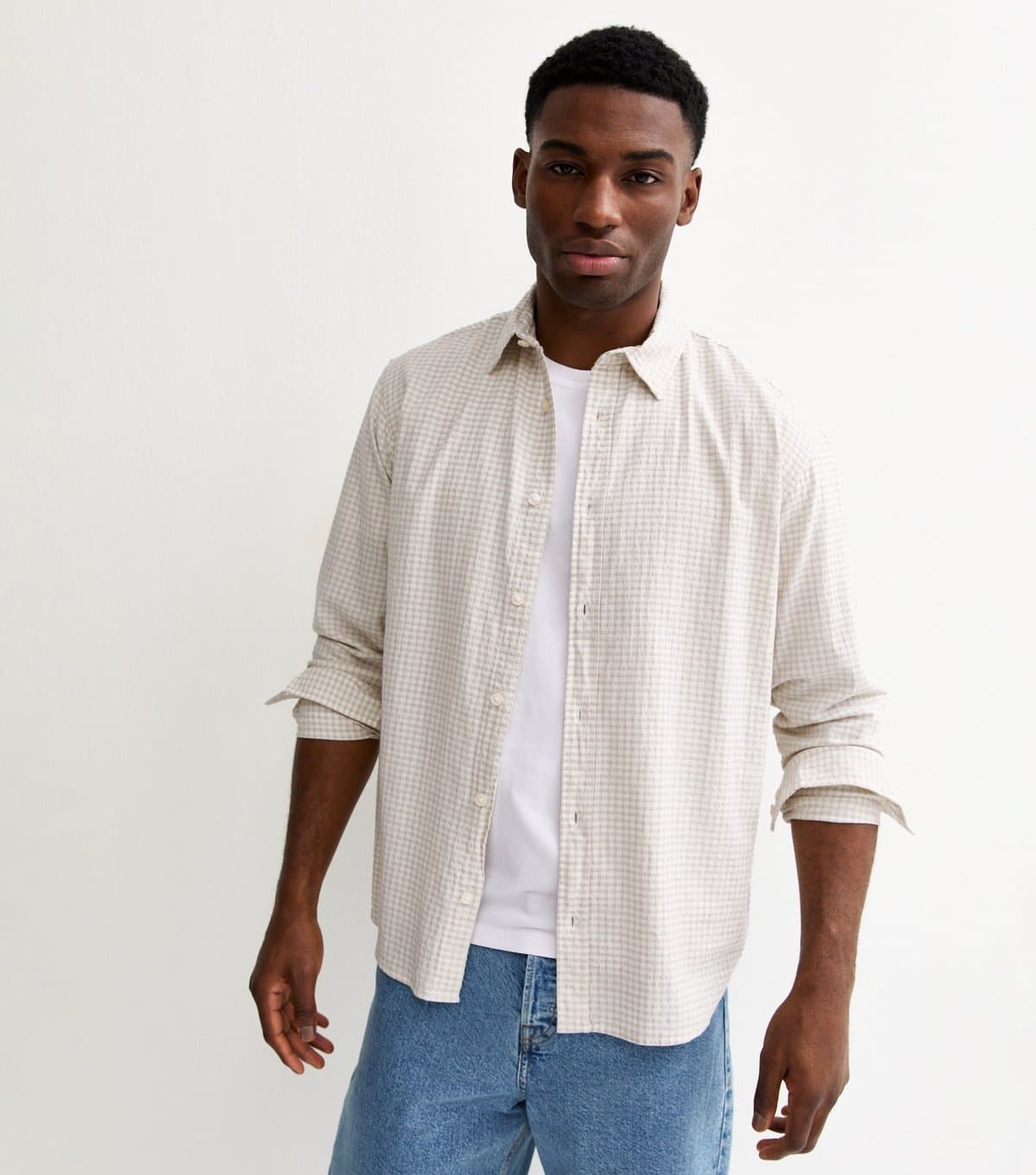 jack & jones Men's Stone Checked Seersucker Shirt Jack & Jones New Look