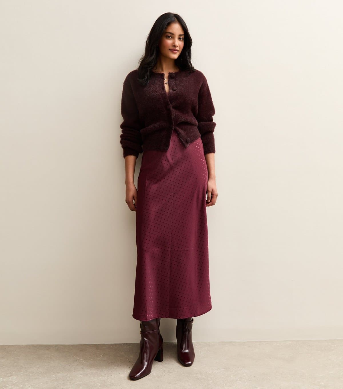 New Look New Look Burgundy Polka-Dot Satin Midi Skirt