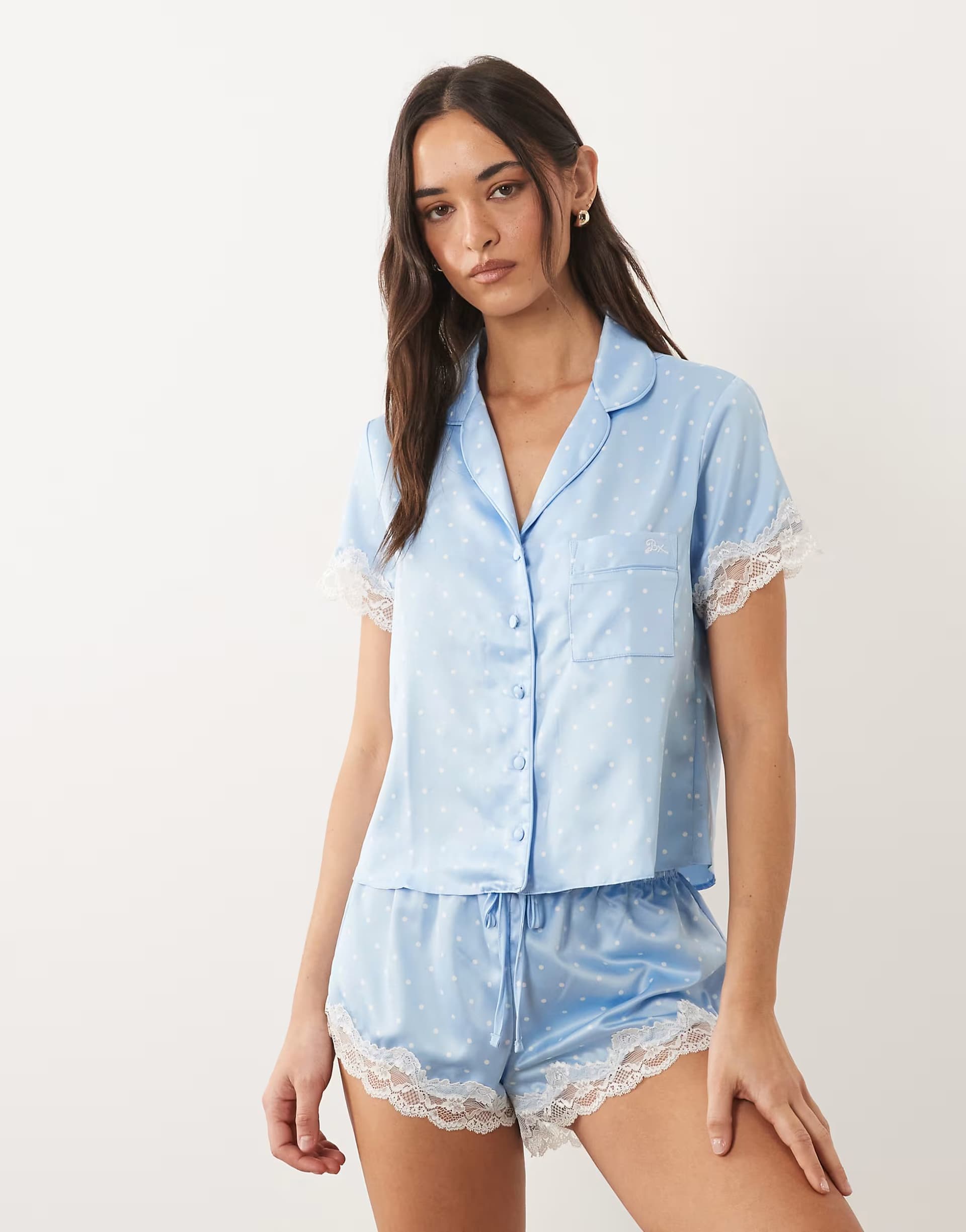 ASOS Boux Avenue Amelia short sleeve revere and short set in blue polka dot