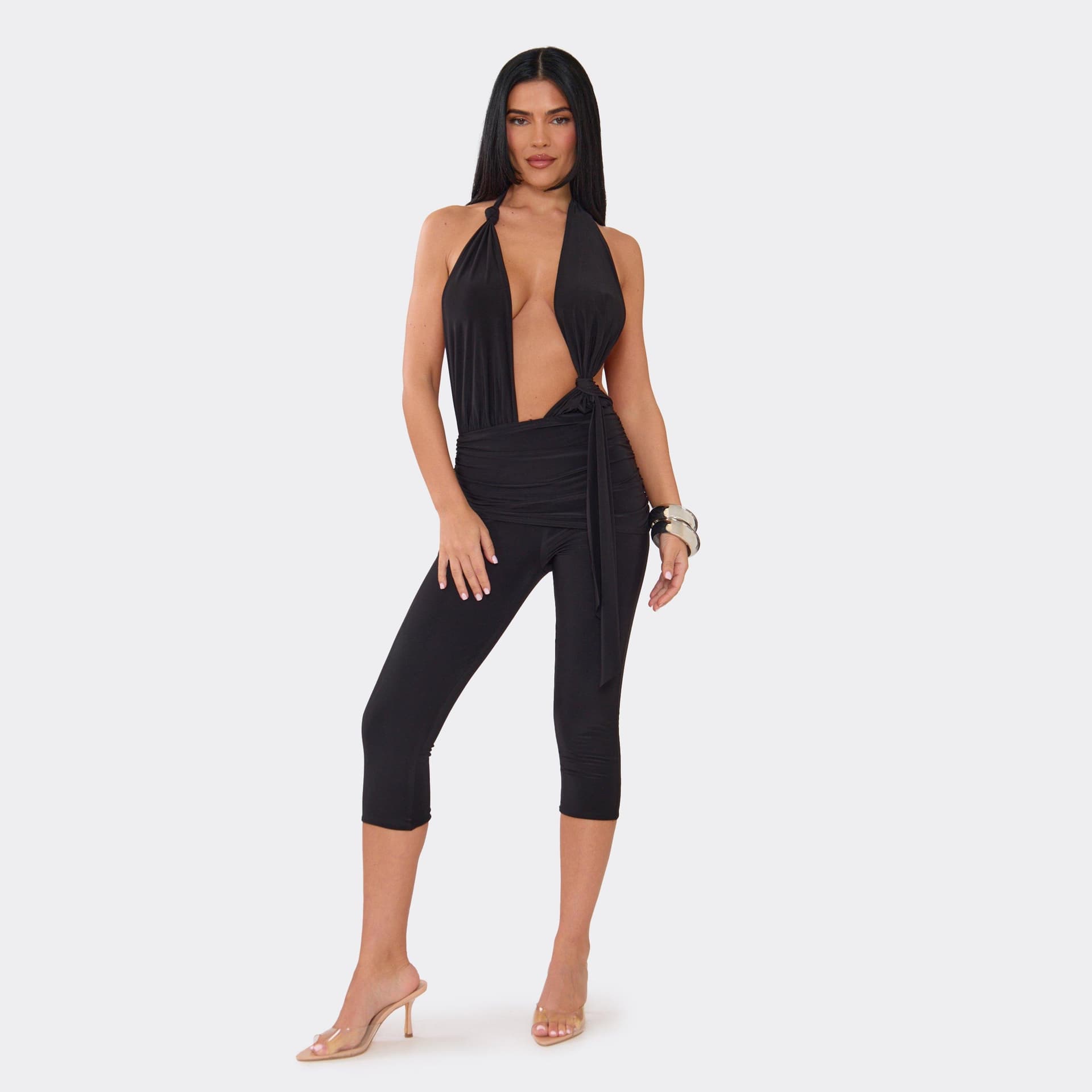 EGO Halterneck Plunge Front Knot Detail Ruched Waist Jumpsuit In Black, Women's Size UK 6