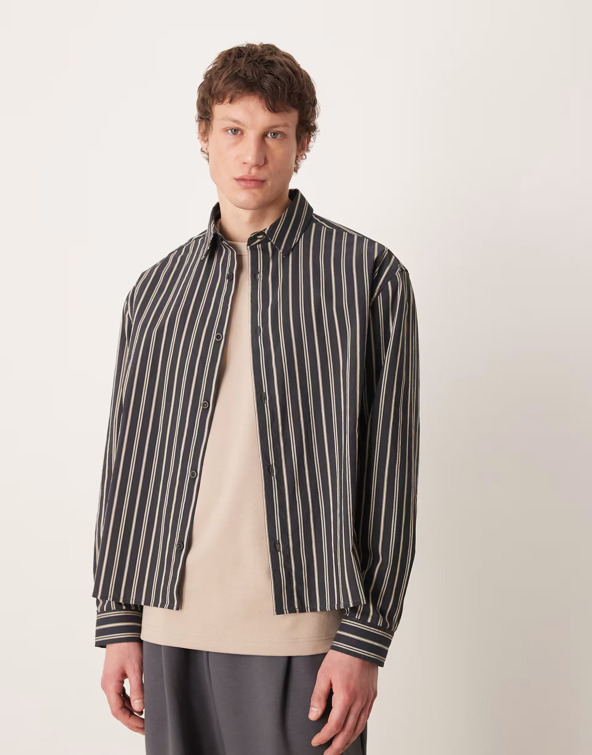 ASOS ASOS Boxy Stripe Shirt in Black and Beige