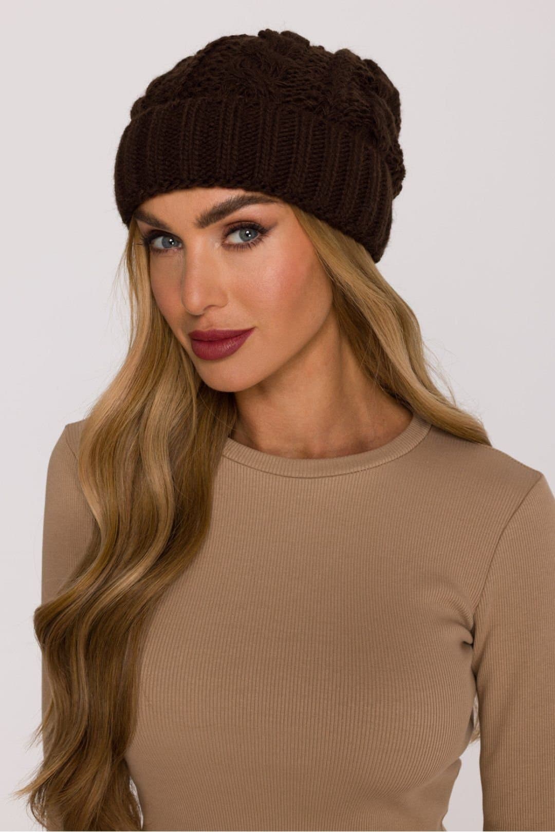 Love Lace Love Lace Brown Braided Knit Beanie with Folded Cuff