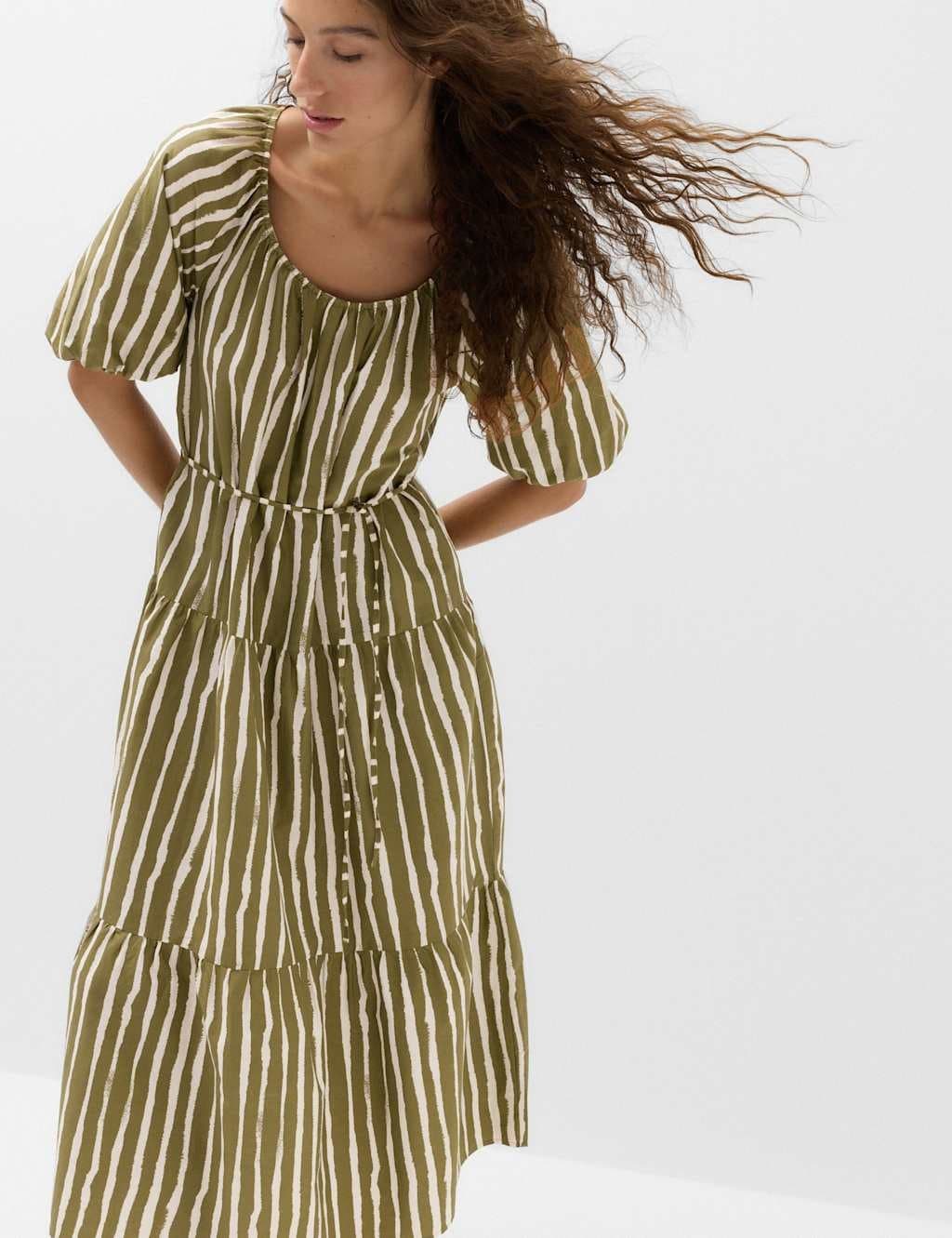 Marks & Spencer M&S Pure Cotton Printed Midi Waisted Dress Sage Mix