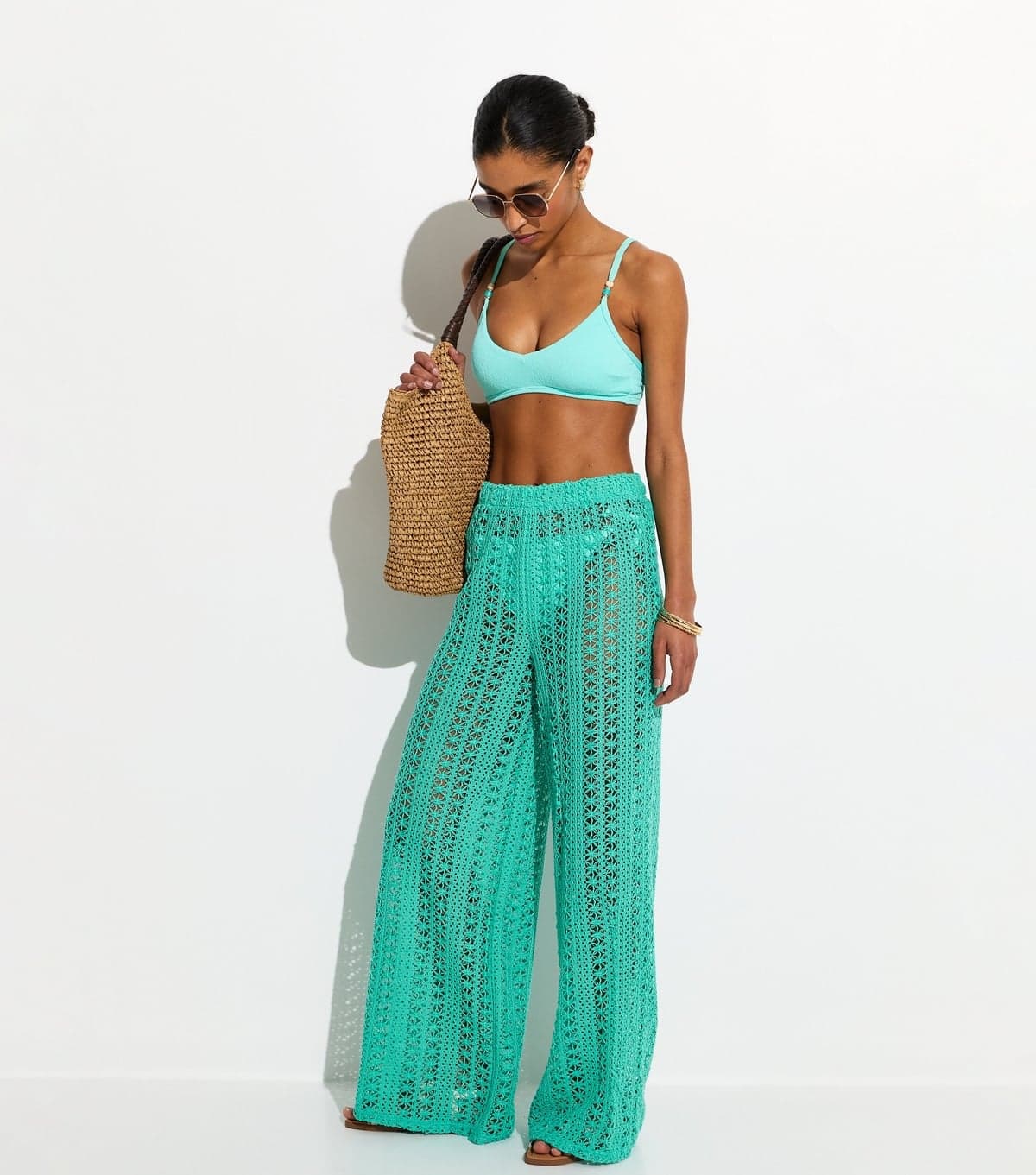 New Look Women's Turquoise Crochet Wide Leg Beach Trousers New Look