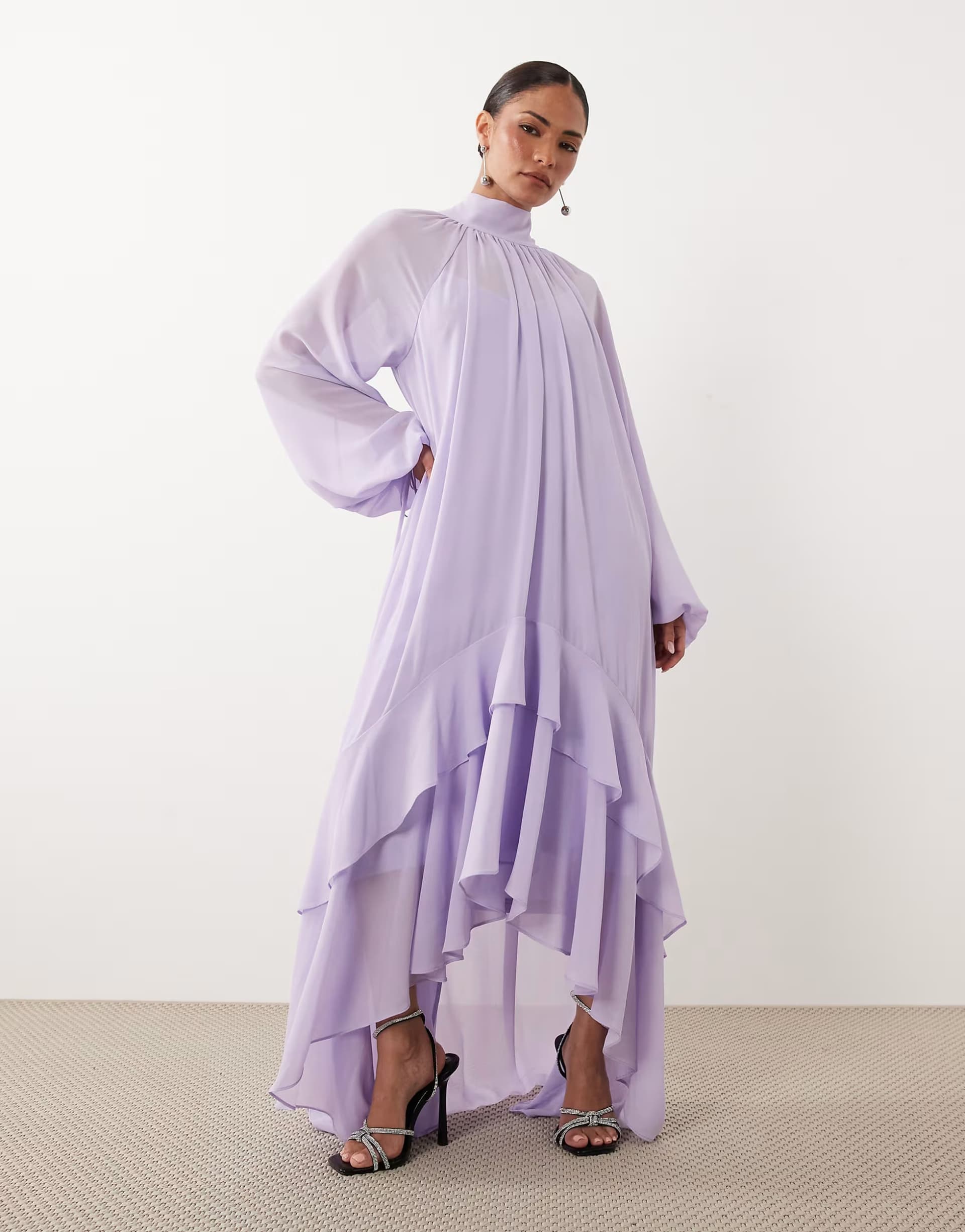 ASOS TFNC Petite chiffon high neck long sleeve maxi dress with tiered hem in lilac