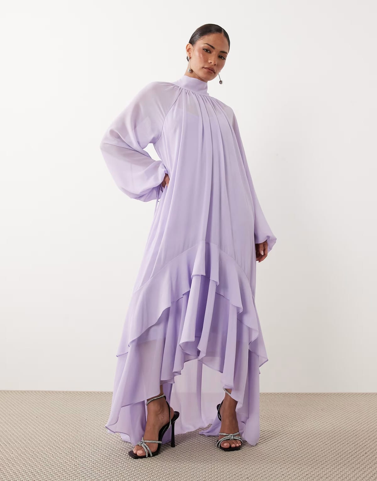 ASOS TFNC Petite chiffon high neck long sleeve maxi dress with tiered hem in lilac - 1