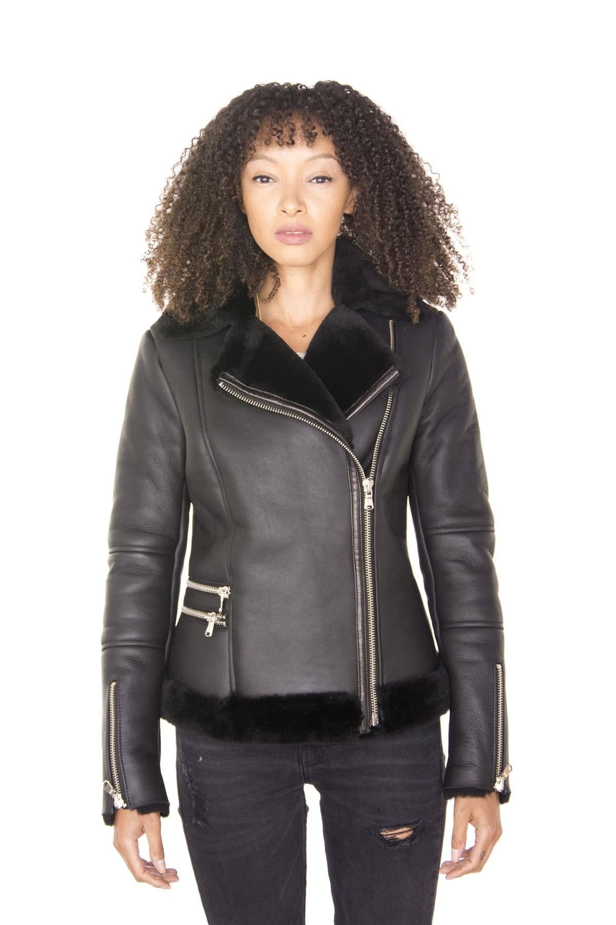 Infinity Leather Infinity Leather Women's Shearling Sheepskin Aviator Jacket-Patchway in Black - 2
