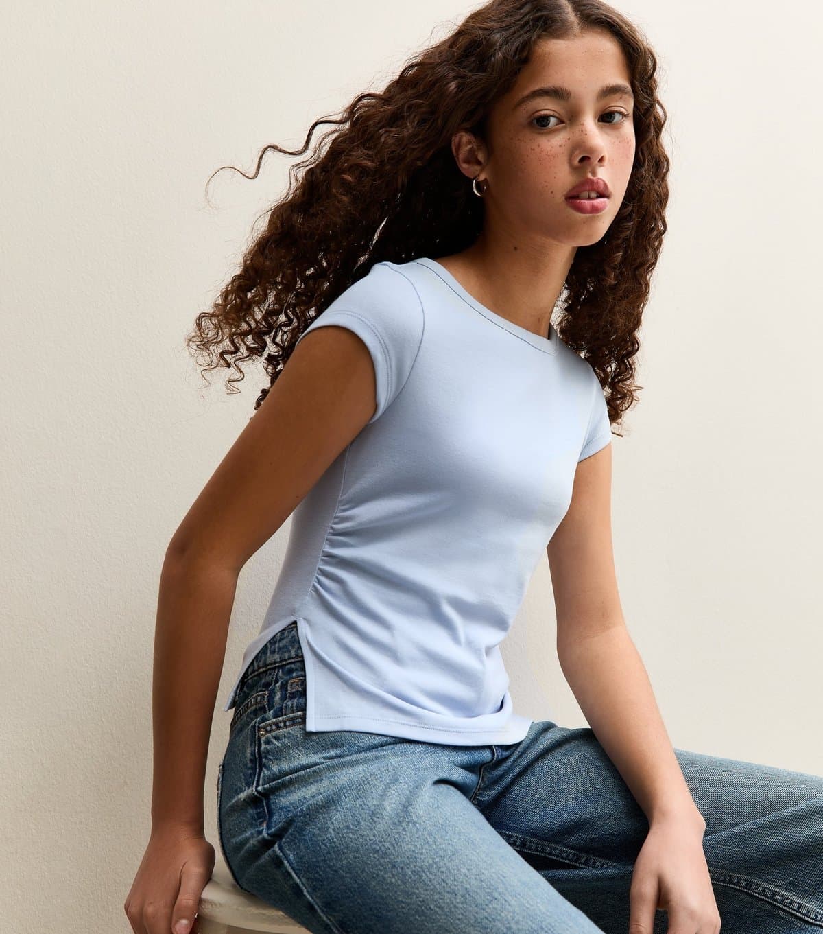 New Look Girls' Light Blue Split Side Ruched Cap Sleeve Top New Look