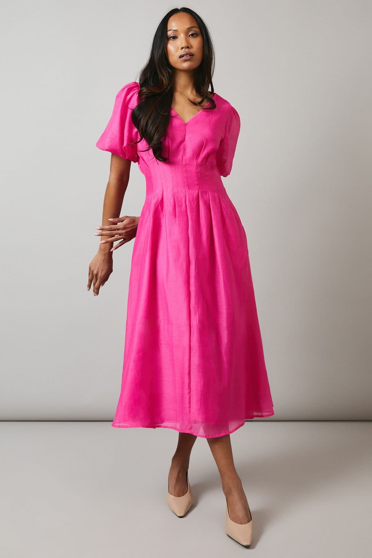 Principles Principles Women's Organza Puff Sleeve Midi Dress in Pink