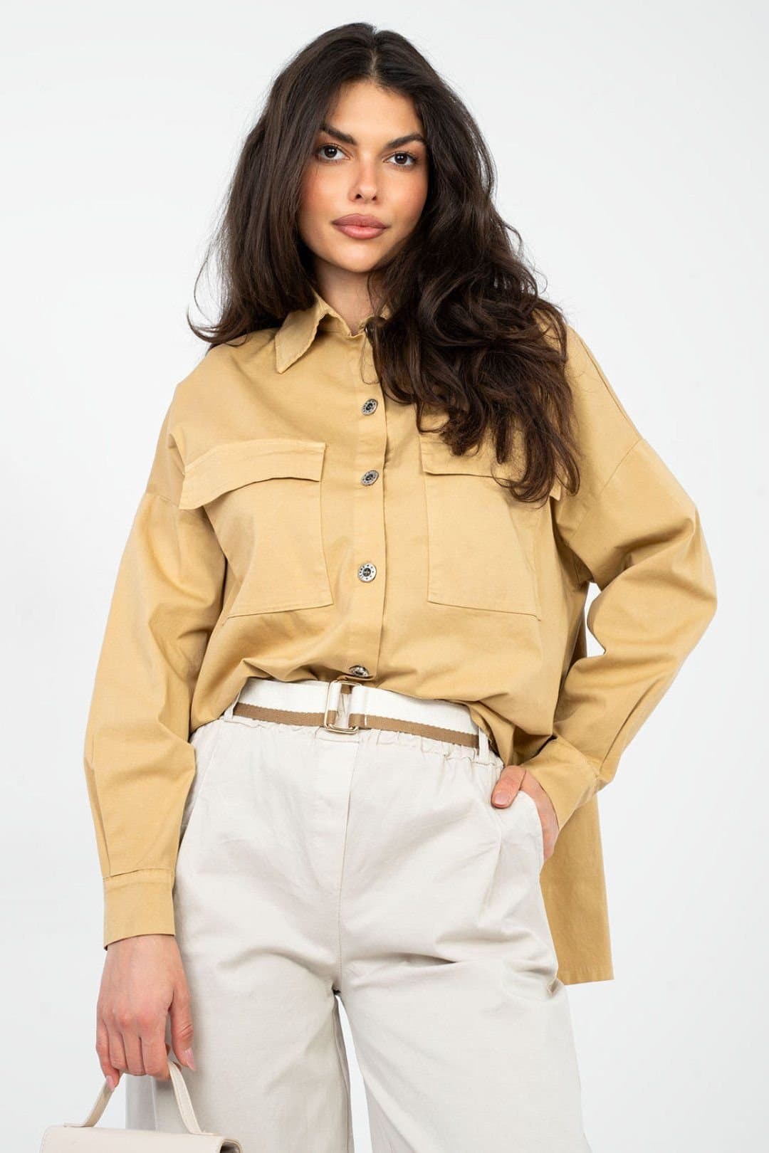 Love Lace Love Lace Camel Cotton Elastane Long Sleeve Shirt