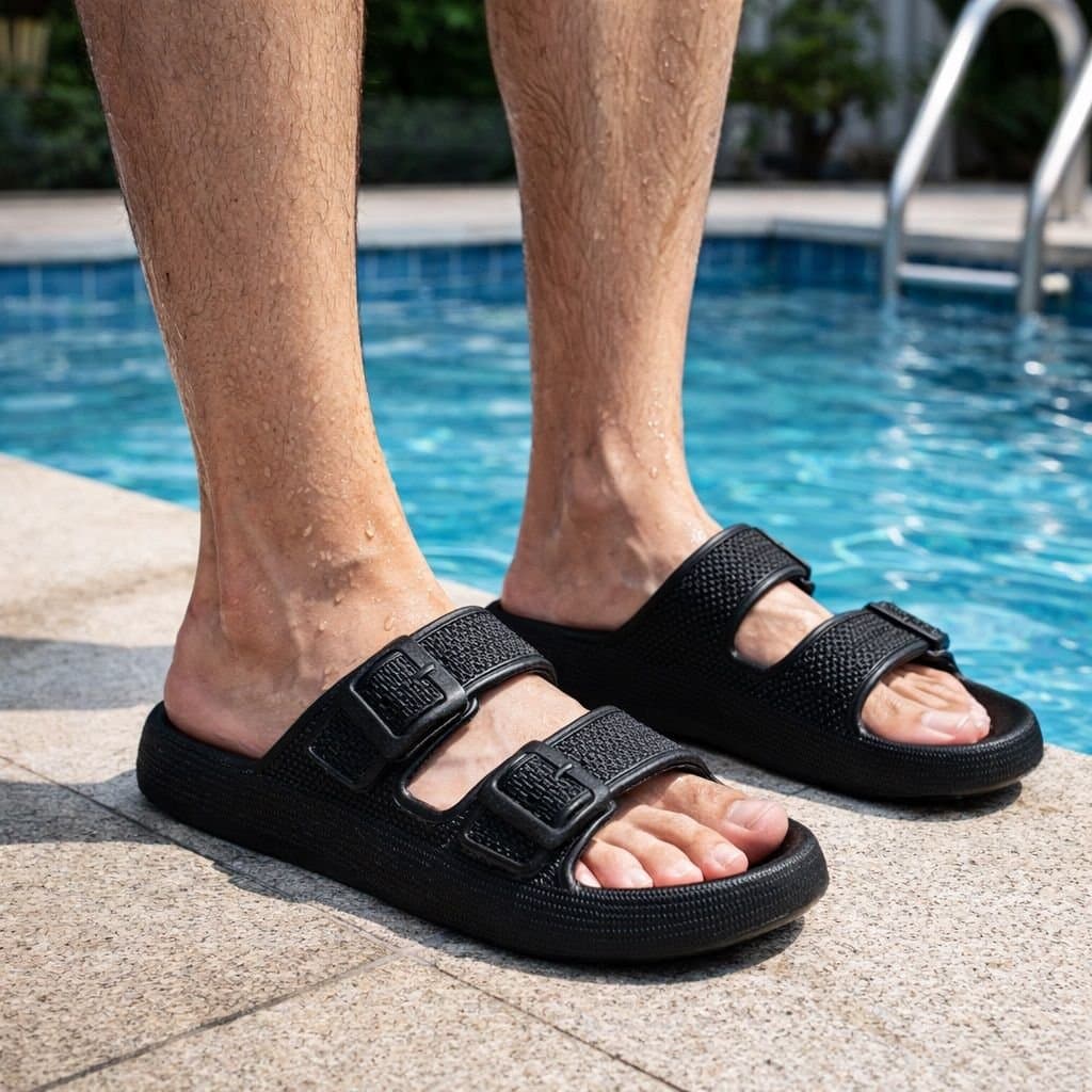 LARANGE LARANGE Men's Twin Buckle Pillow Slides - Black Sandals
