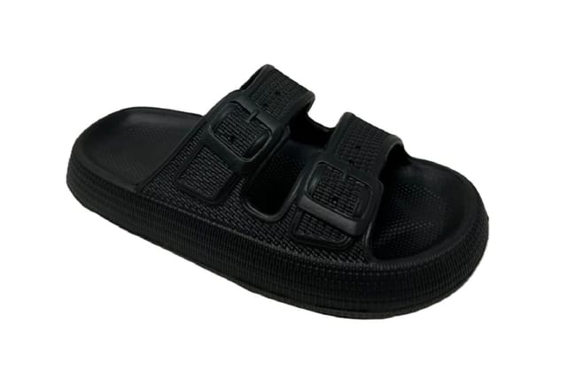 LARANGE LARANGE Men's Twin Buckle Pillow Slides - Cushioned Adjustable Slip-On Black Sandals - 2