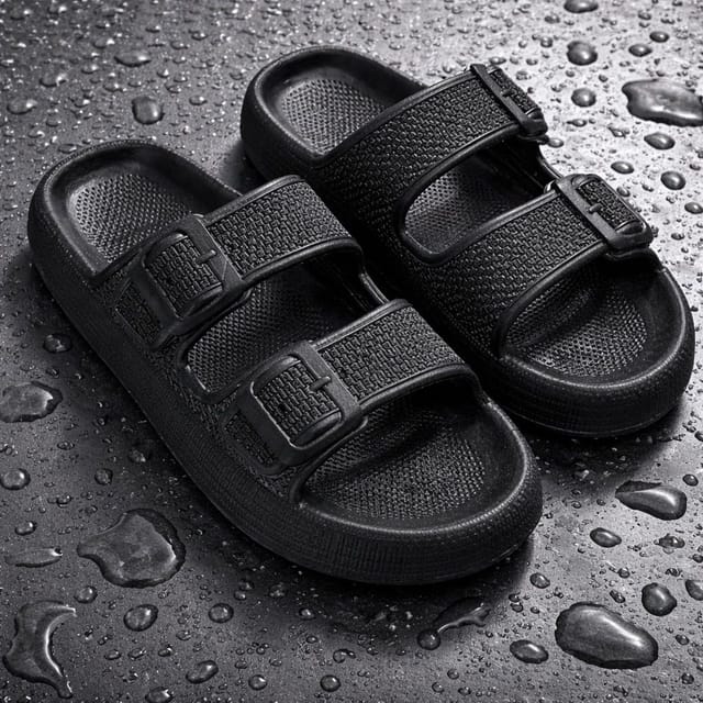 LARANGE LARANGE Men's Twin Buckle Pillow Slides - Cushioned Adjustable Slip-On Black Sandals - 3