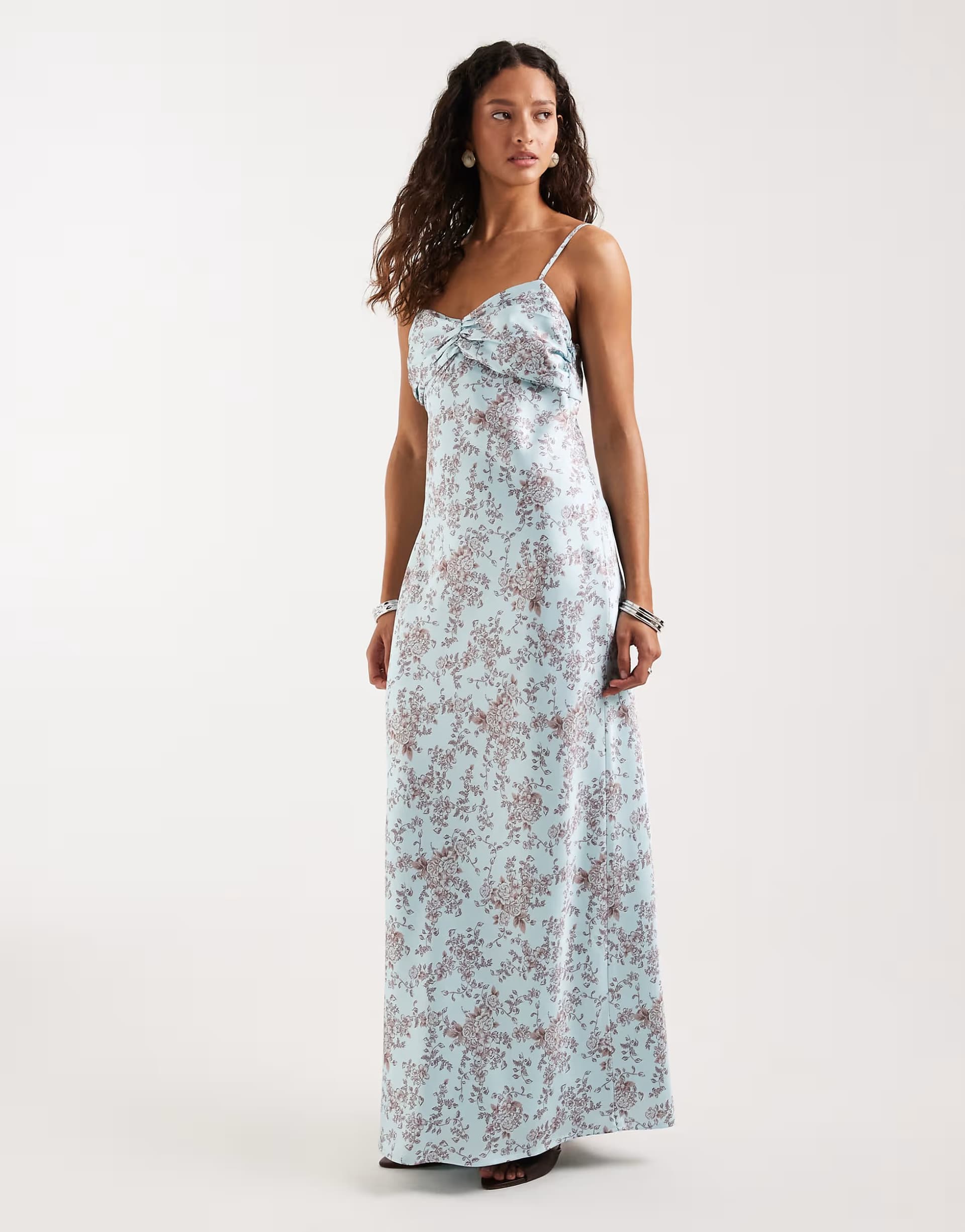ASOS Pretty Lavish Joely satin ruched bust maxi dress in twiggy blue floral