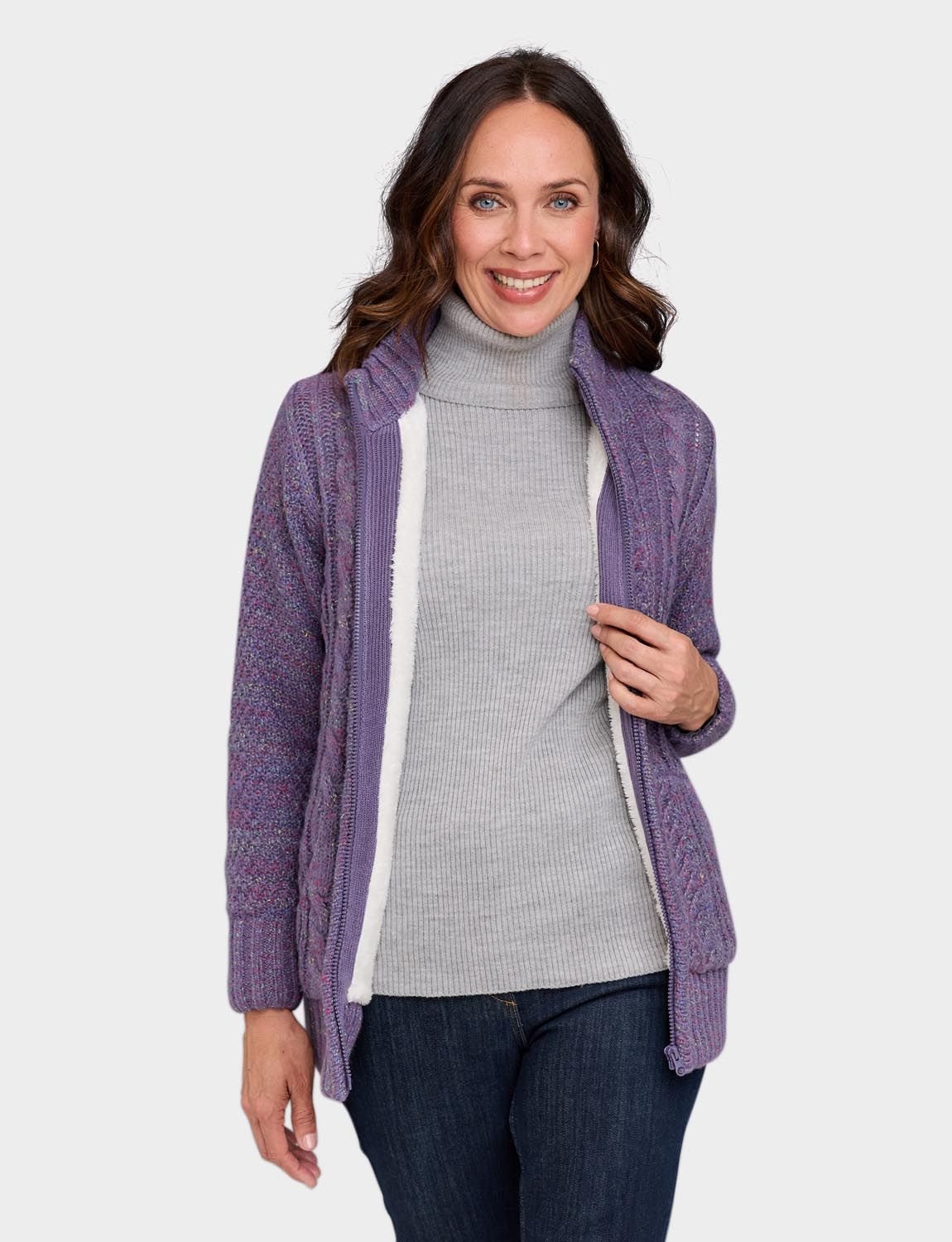 Amber Amber Women's Borg Fleece Lined Zip Cardigan in Lavender - 3