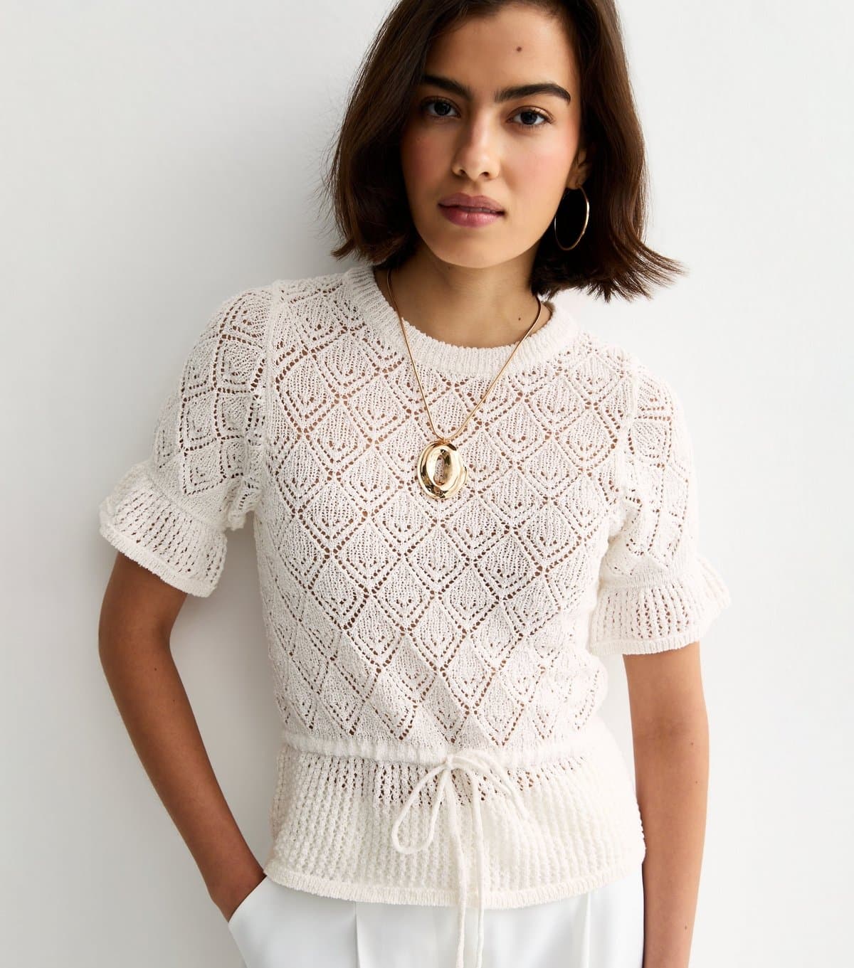 New Look Women's Cream Open Knit Drawstring Waist Frilly Trim Top New Look