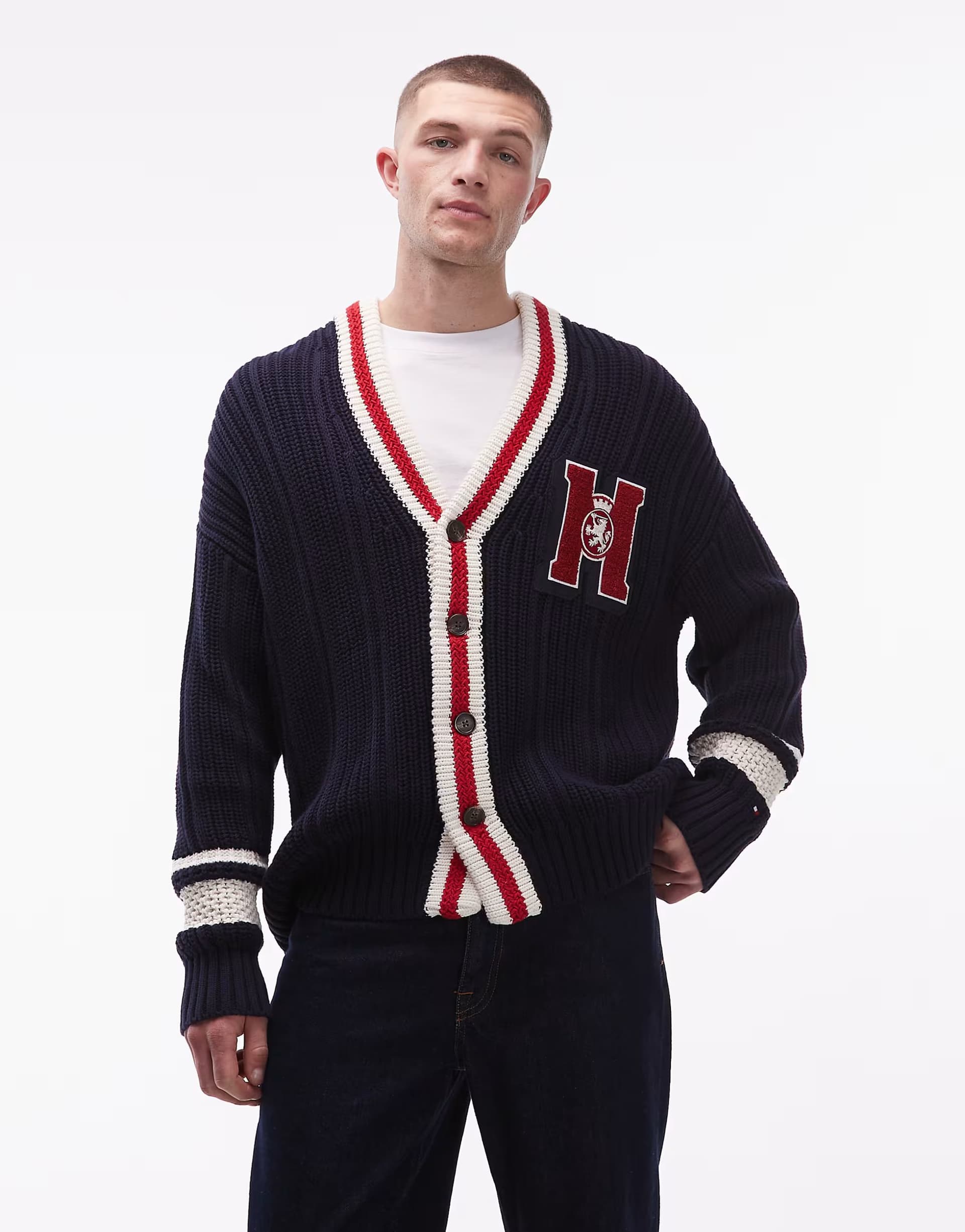 ASOS Tommy Hilfiger embroidered logo cardigan in navy and red