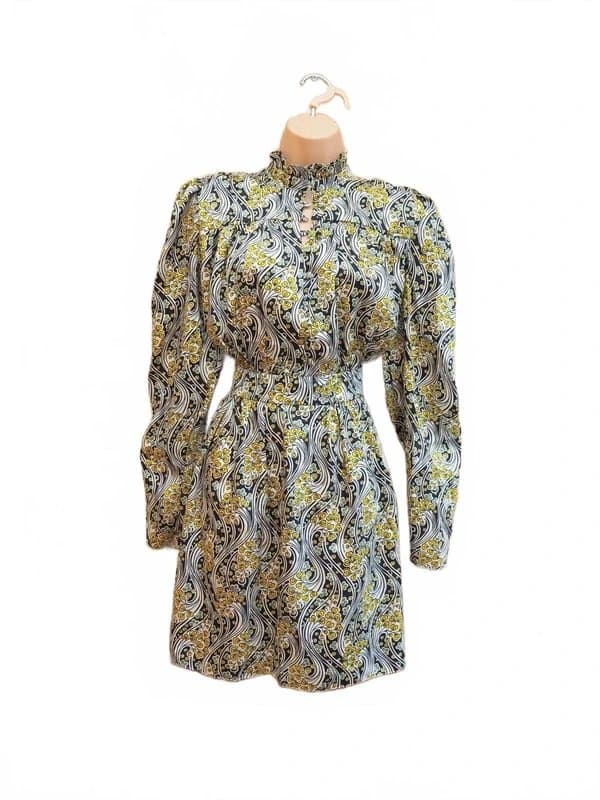 Topshop Topshop black cream & yellow floral print satin puff sleeve a line short dress 12 UK M