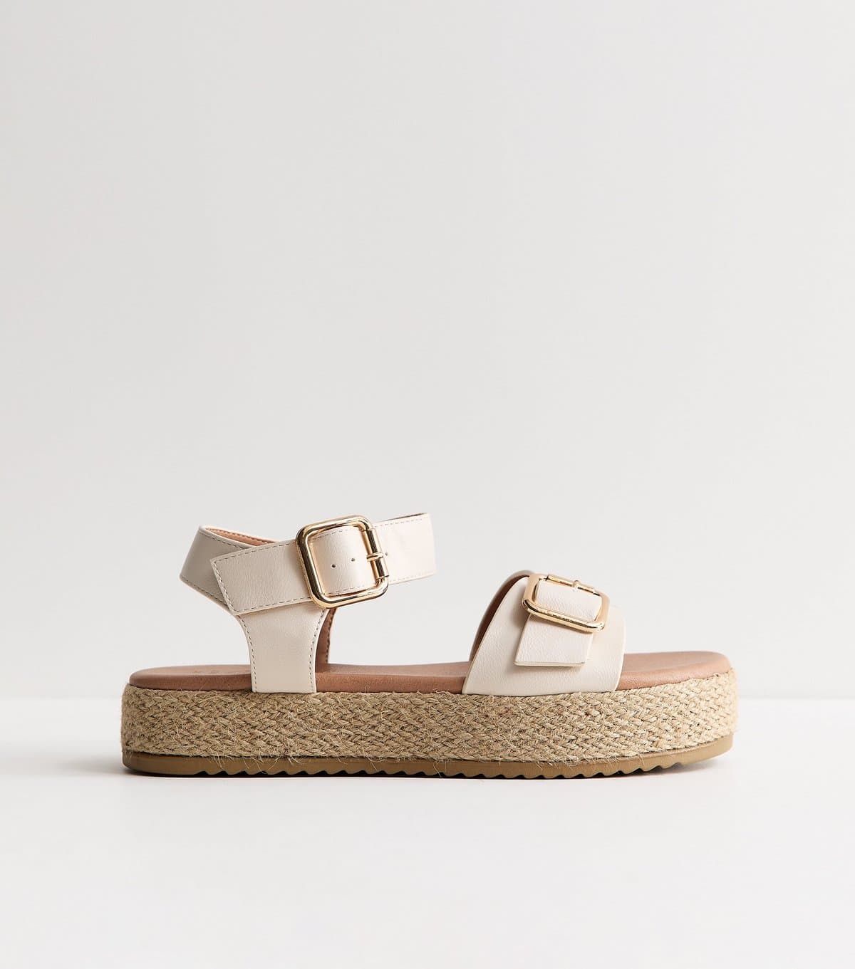 New Look Women's Wide Fit Off White Faux Leather Buckled Strap Flatform Sandals Vegan New Look