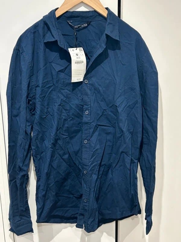 Bershka Berserka Mens Navy Blue Long Sleeve Casual Button Down Shirt Size M