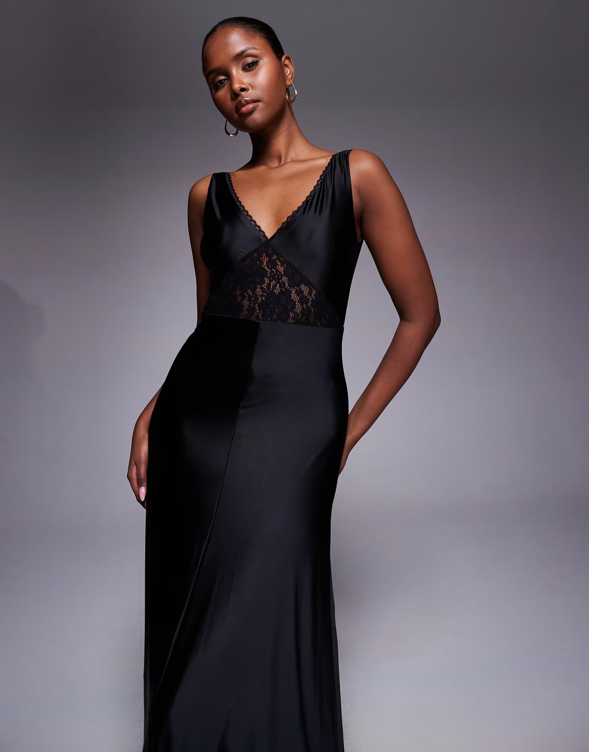 ASOS Rare London lace detail liquid jersey low back maxi dress in black