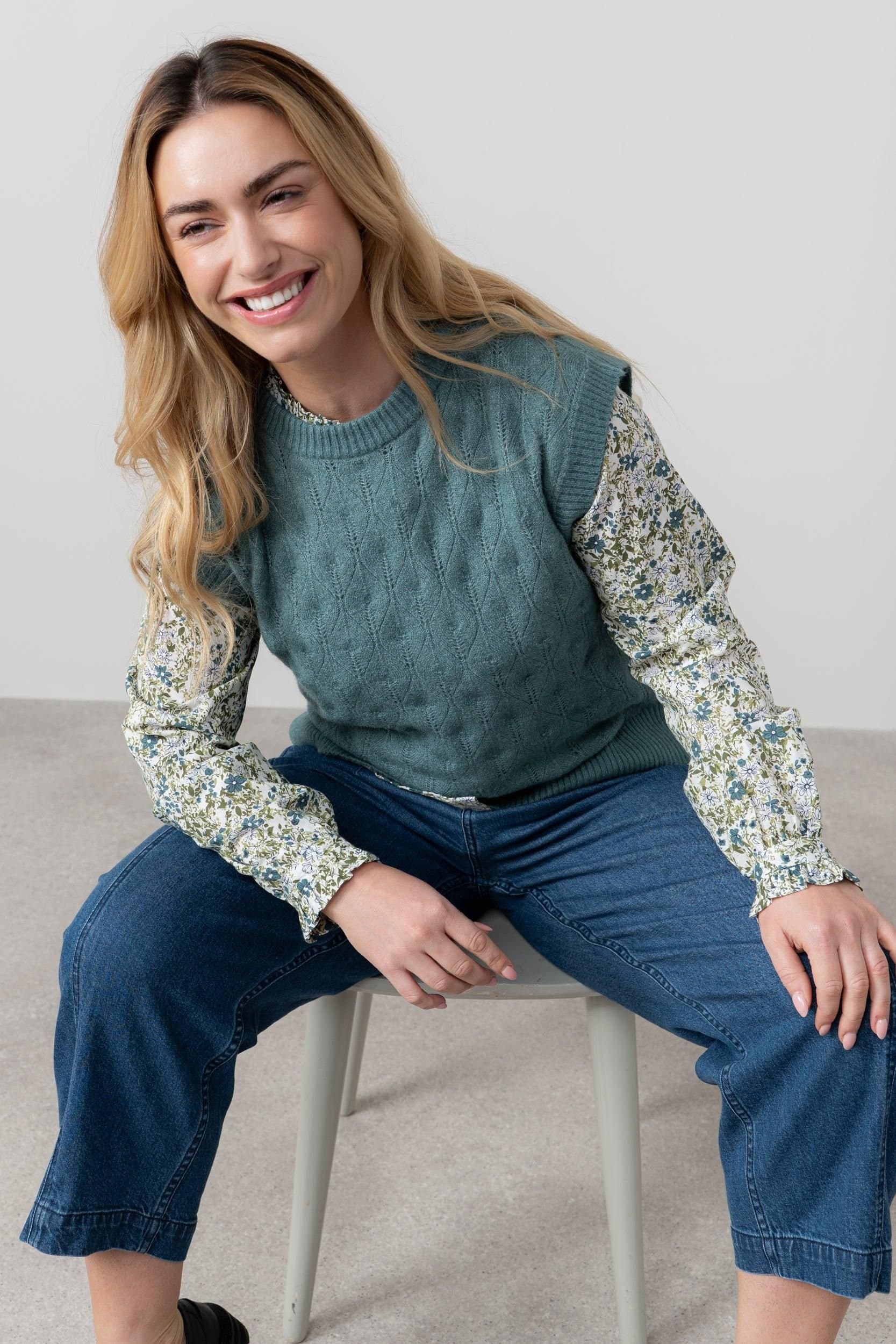 Lily & Me Lily & Me Women's Wallace Crew Neck Capped Sleeve Pointelle Knit Tank Top in Mid Blue