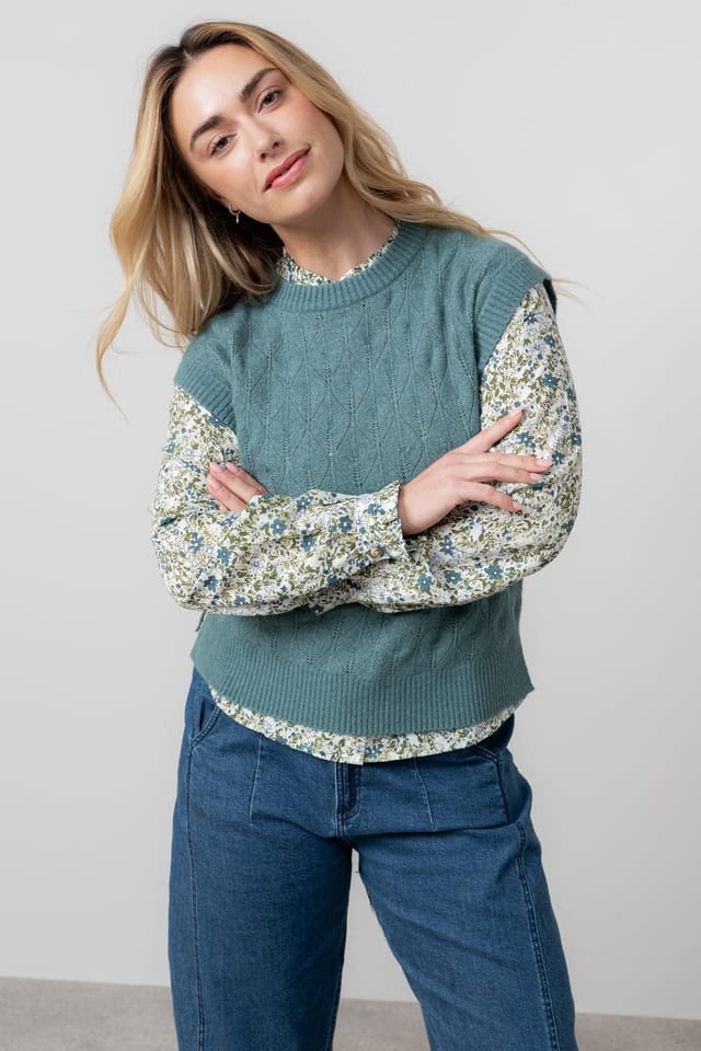 Lily & Me Lily & Me Women's Wallace Crew Neck Capped Sleeve Pointelle Knit Tank Top in Mid Blue - 2