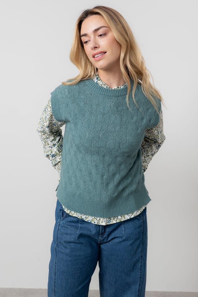 Lily & Me Lily & Me Women's Wallace Crew Neck Capped Sleeve Pointelle Knit Tank Top in Mid Blue - 3