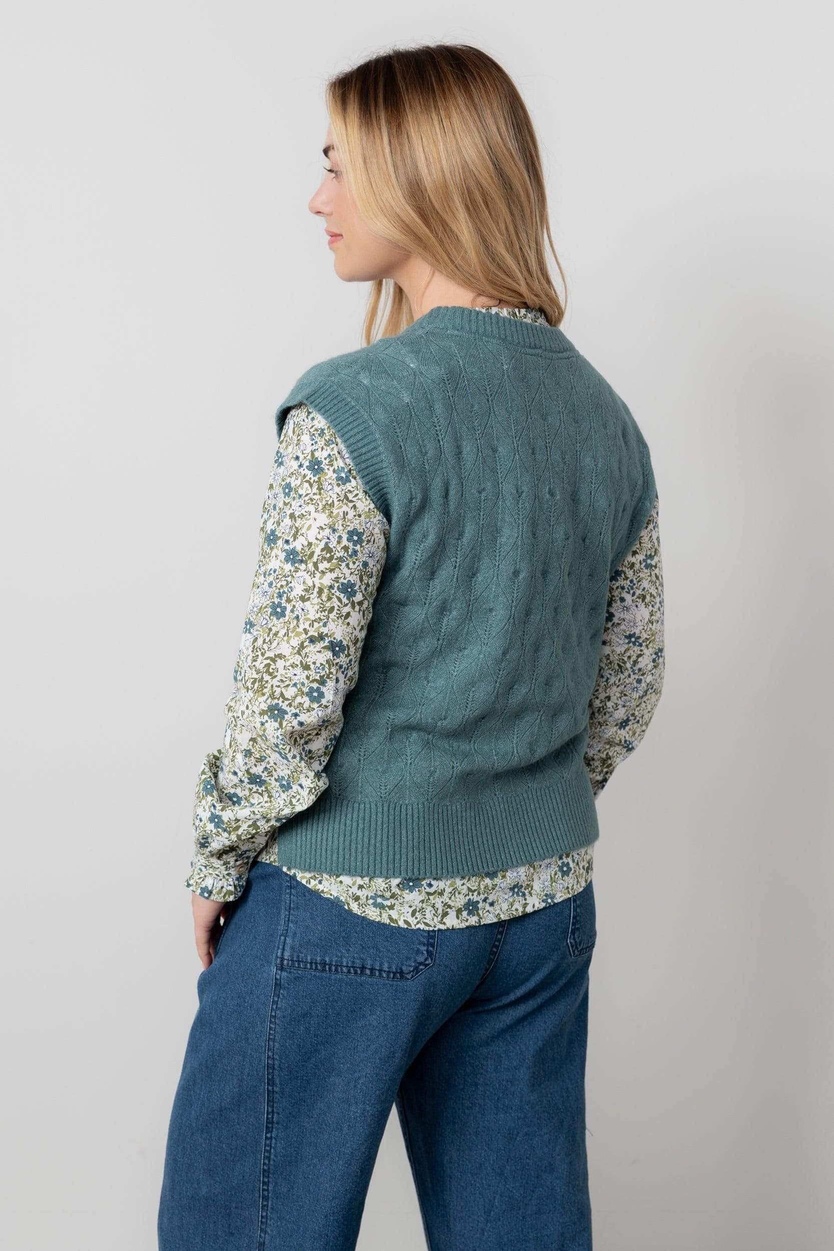 Lily & Me Lily & Me Women's Wallace Crew Neck Capped Sleeve Pointelle Knit Tank Top in Mid Blue - 4