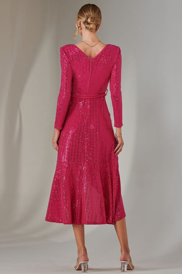 Jolie Moi Jolie Moi Women's Long Sleeve Metallic Spot Maxi Dress in Fuchsia - 2