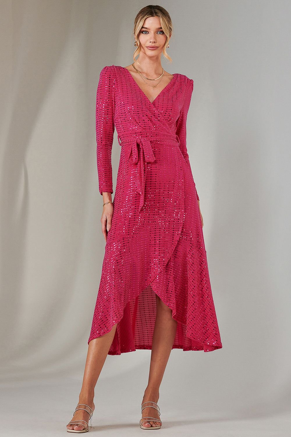 Jolie Moi Jolie Moi Women's Long Sleeve Metallic Spot Maxi Dress in Fuchsia - 3
