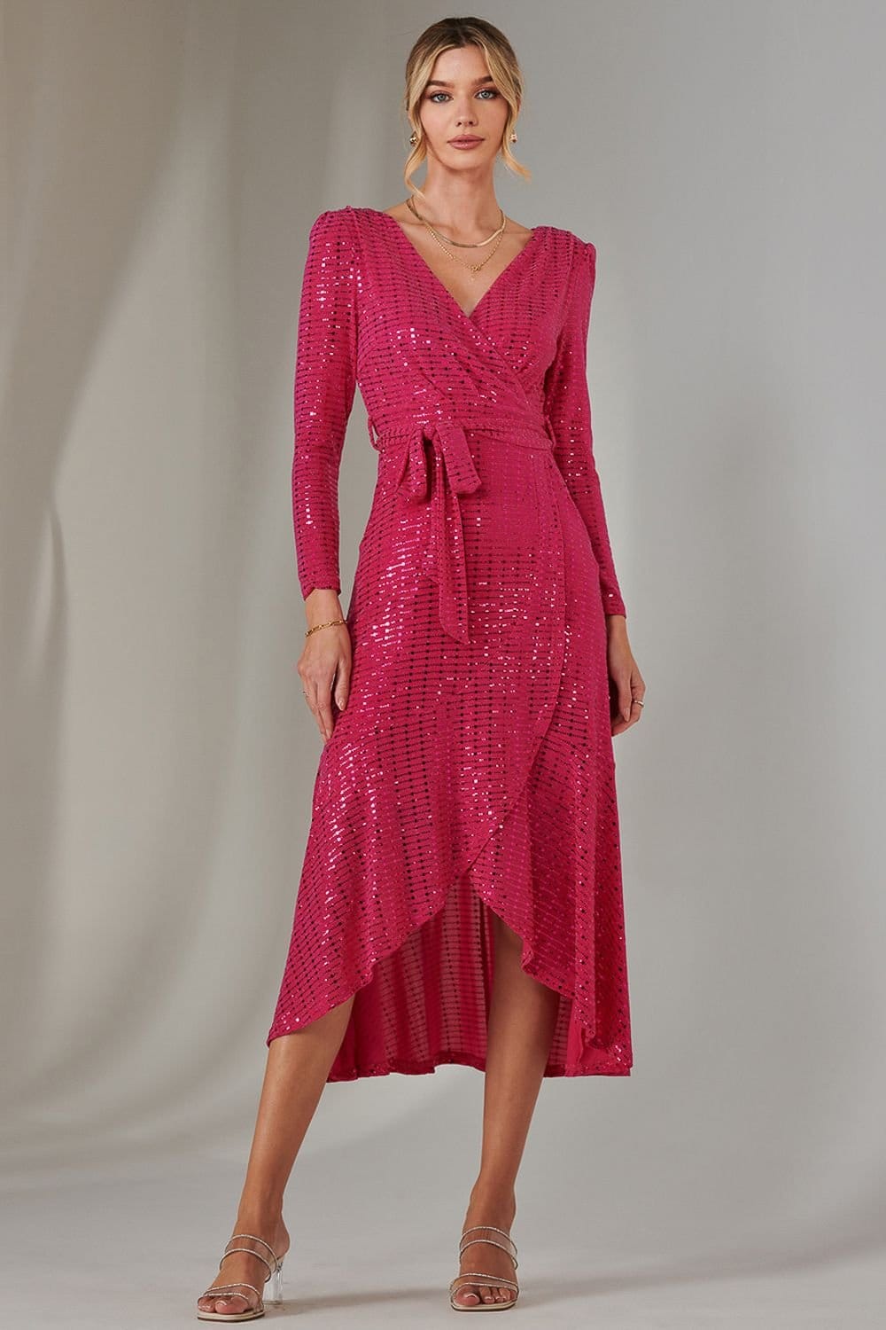Jolie Moi Jolie Moi Women's Long Sleeve Metallic Spot Maxi Dress in Fuchsia - 4