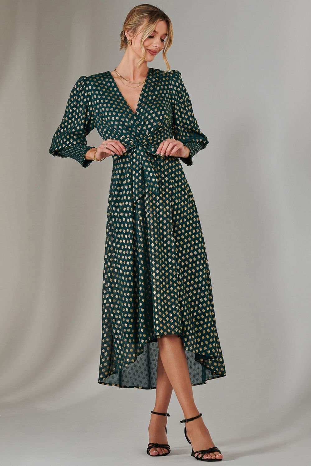 Jolie Moi Jolie Moi Women's Metallic Spot Print Puffy Sleeve Maxi Dress in Dark Green