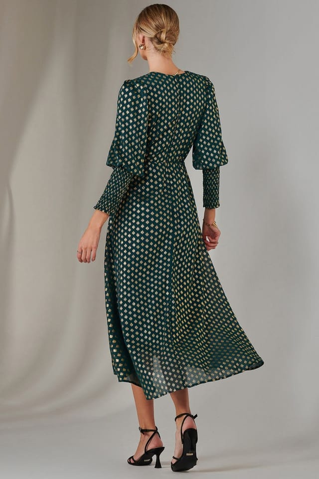 Jolie Moi Jolie Moi Women's Metallic Spot Print Puffy Sleeve Maxi Dress in Dark Green - 2