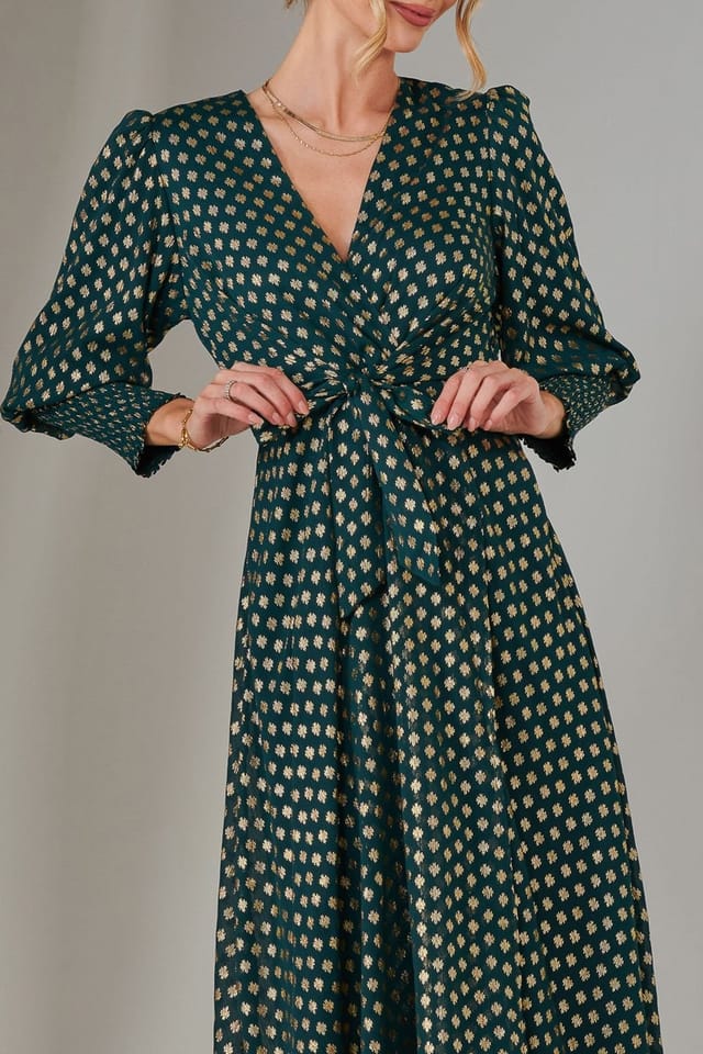 Jolie Moi Jolie Moi Women's Metallic Spot Print Puffy Sleeve Maxi Dress in Dark Green - 3