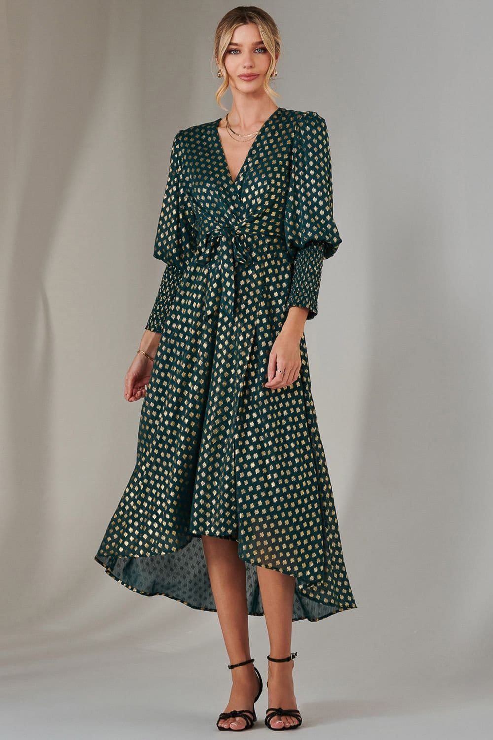 Jolie Moi Jolie Moi Women's Metallic Spot Print Puffy Sleeve Maxi Dress in Dark Green - 4