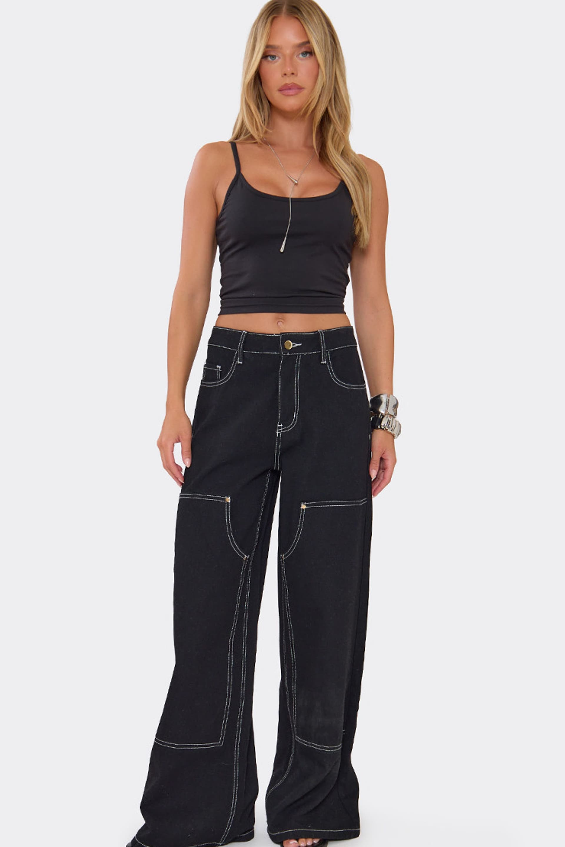 EGO EGO Women's Wide Leg Denim Mid Rise Trousers in Black