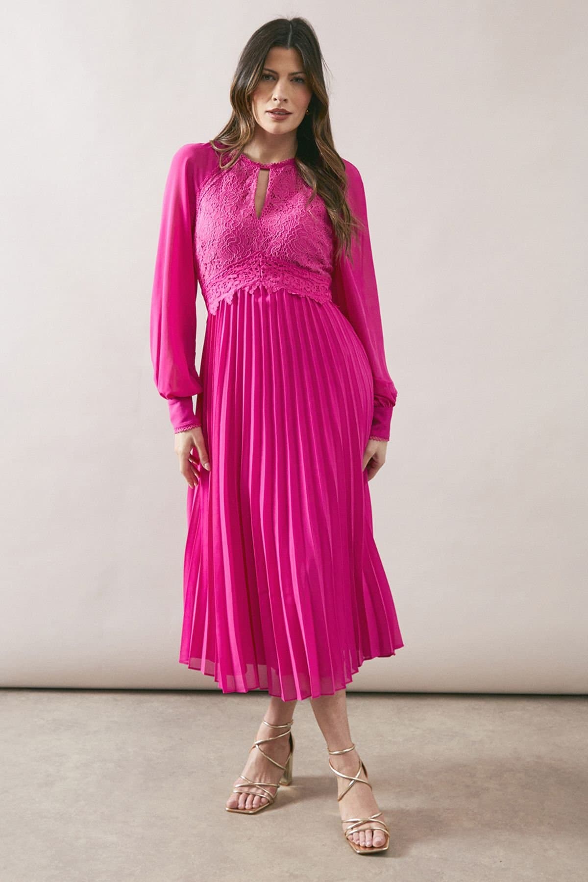 Wallis Wallis Women's Occasion Lace Insert Pleated Midi Dress in Magenta Pink