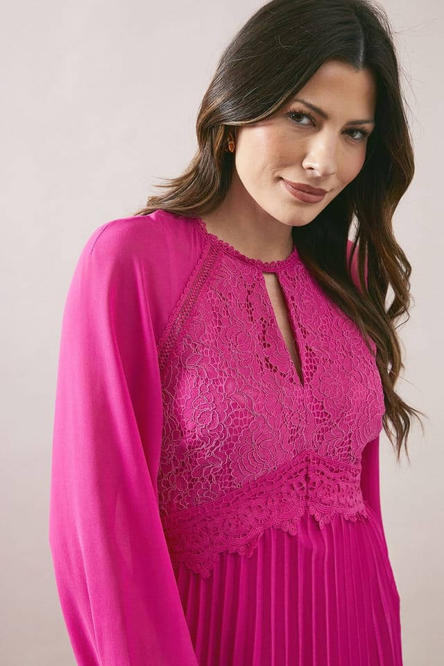 Wallis Wallis Women's Occasion Lace Insert Pleated Midi Dress in Magenta Pink - 2