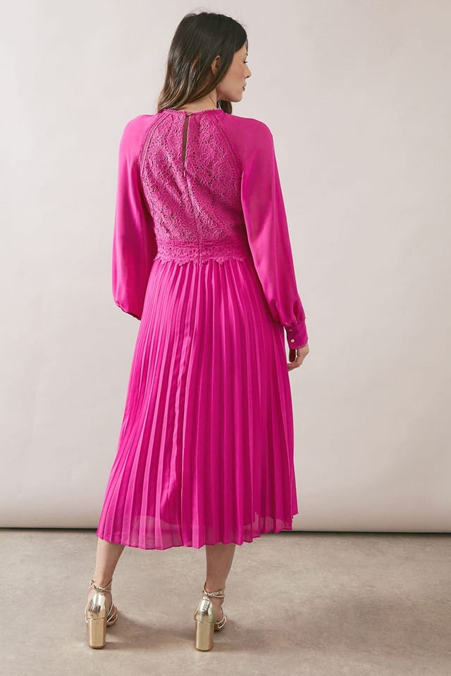 Wallis Wallis Women's Occasion Lace Insert Pleated Midi Dress in Magenta Pink - 3