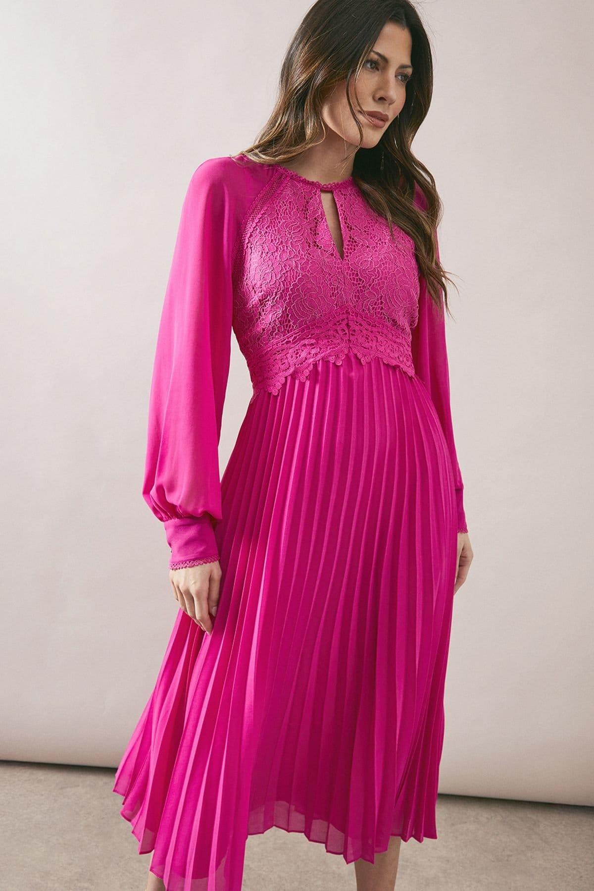 Wallis Wallis Women's Occasion Lace Insert Pleated Midi Dress in Magenta Pink - 4