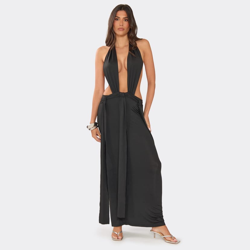 EGO Halterneck Drape Detail Cut Out Maxi Dress In Black., Women's Size UK 6 - 1